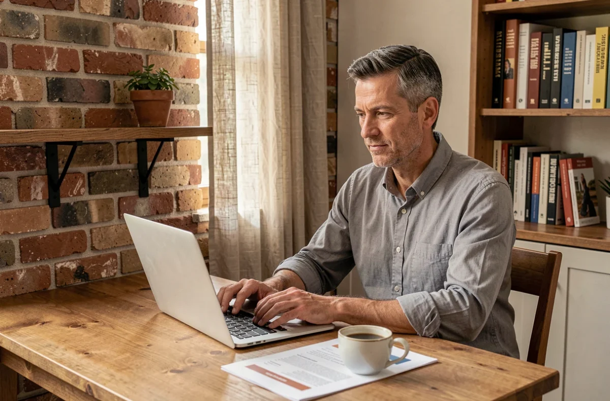 Homme en télétravail rédigeant un email formel sur son ordinateur portable à la maison, avec un guide de rédaction posé à côté, évoquant les bonnes formules de politesse en 2026