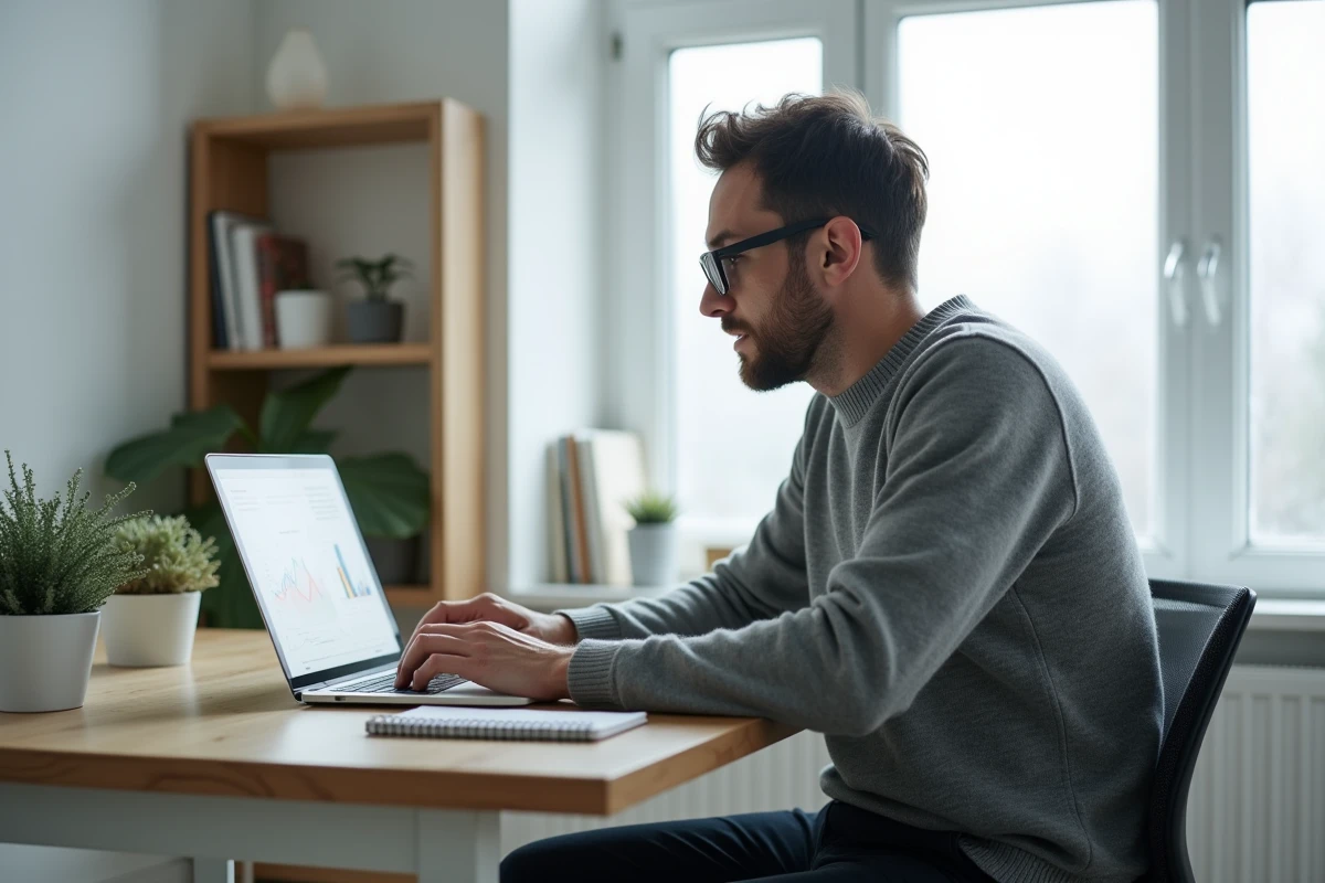 Homme en télétravail consultant un tableau de bord logiciel sur ordinateur portable pour optimiser les processus internes avec un outil comme PROROLE