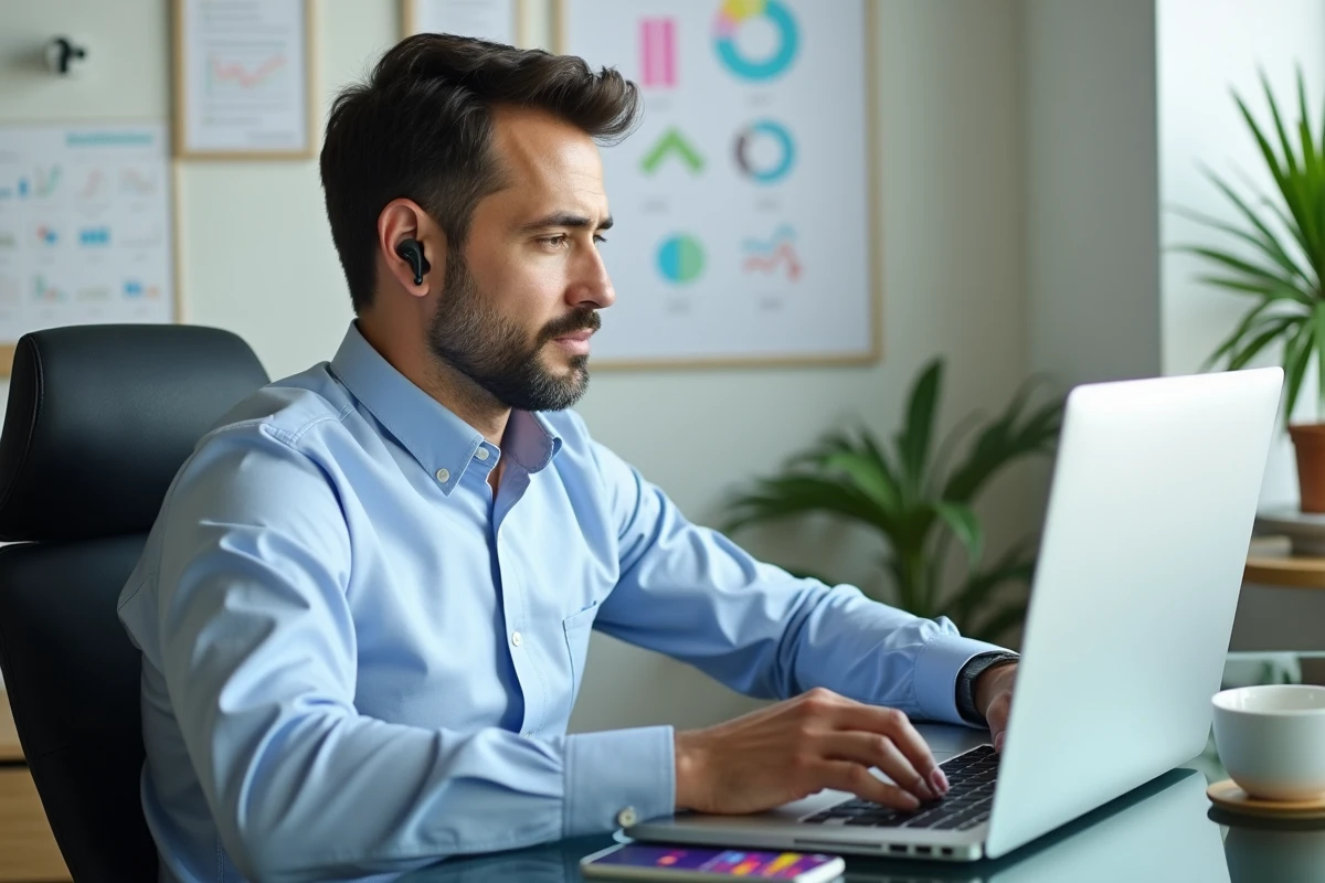 Homme concentré travaillant sur son ordinateur dans un bureau à domicile