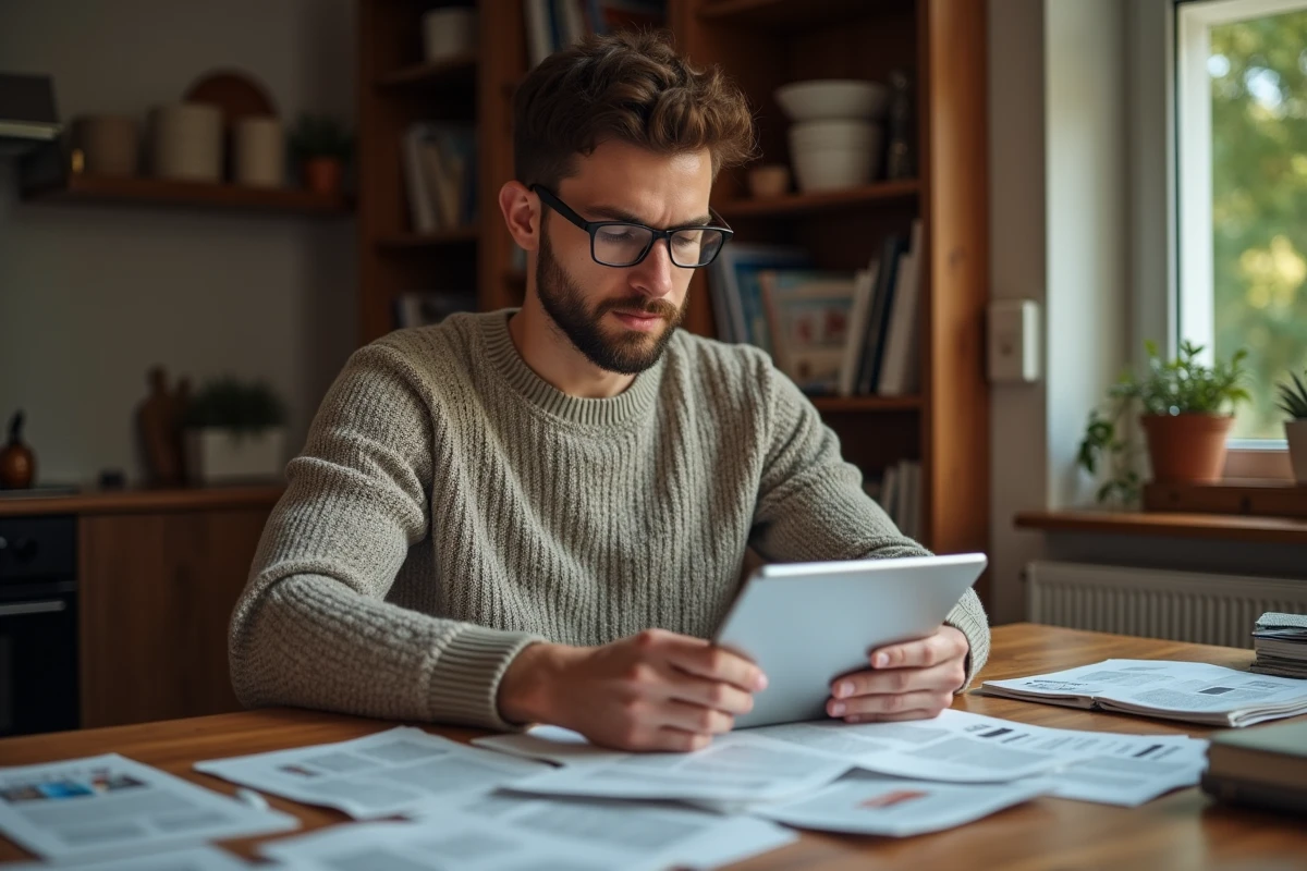 Jeune homme triant des coupures de presse à la maison