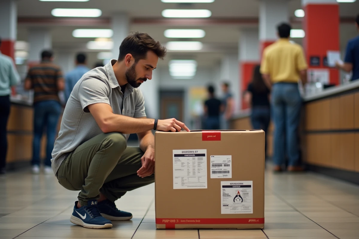 Jeune homme vérifiant un colis à la poste