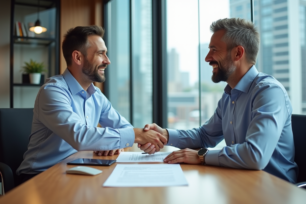 Deux hommes se serrant la main avec contrat sur la table