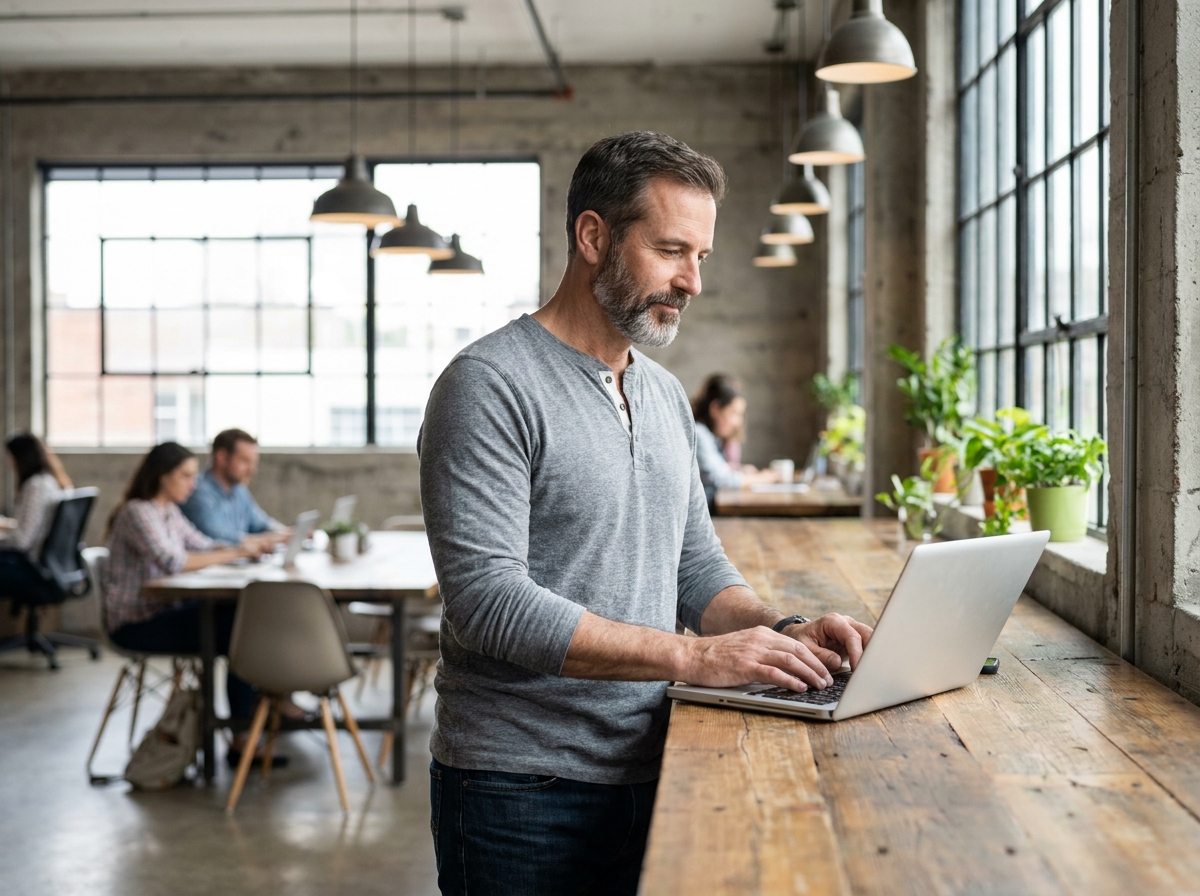 Travailleur indépendant comparant des offres de mutuelle TNS sur son ordinateur dans un espace de coworking