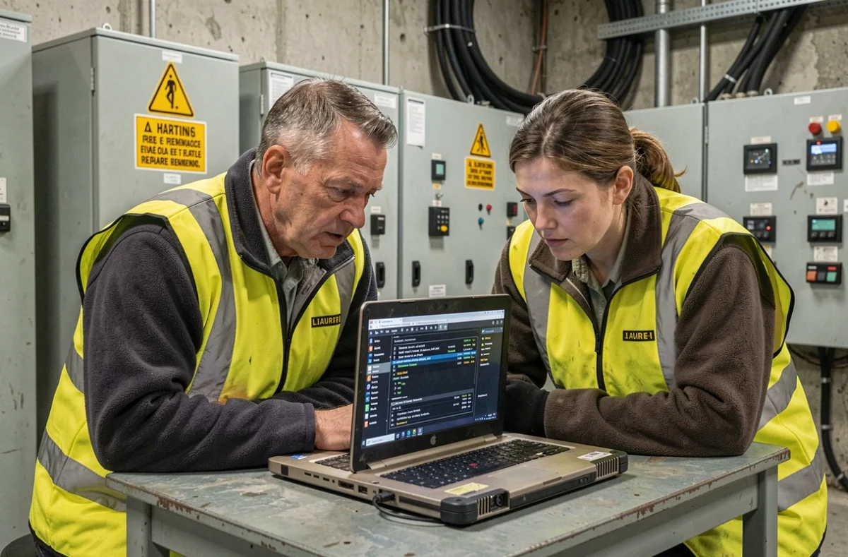 Deux ingénieurs de terrain consultant des alertes d'échange non programmé sur un ordinateur portable dans un poste électrique