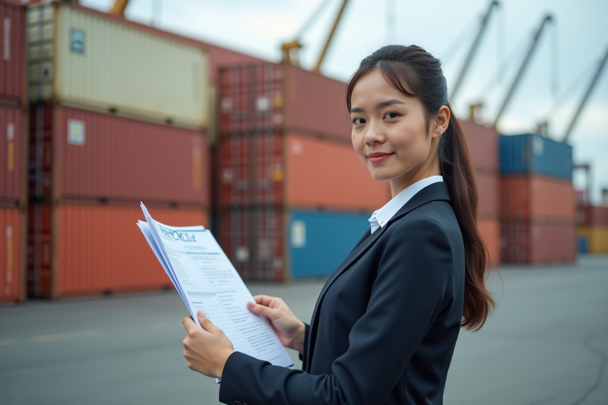 Femme gestionnaire contrôlant un chargement de containers