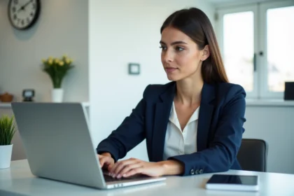 Instructrice d'auto-école utilisant le logiciel Elgeaweb V3 sur un ordinateur portable dans un bureau moderne