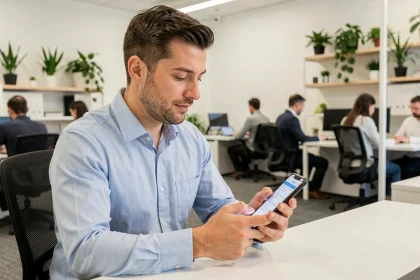 Intérimaire consultant ses documents sur l'application Coffreo depuis son smartphone au bureau