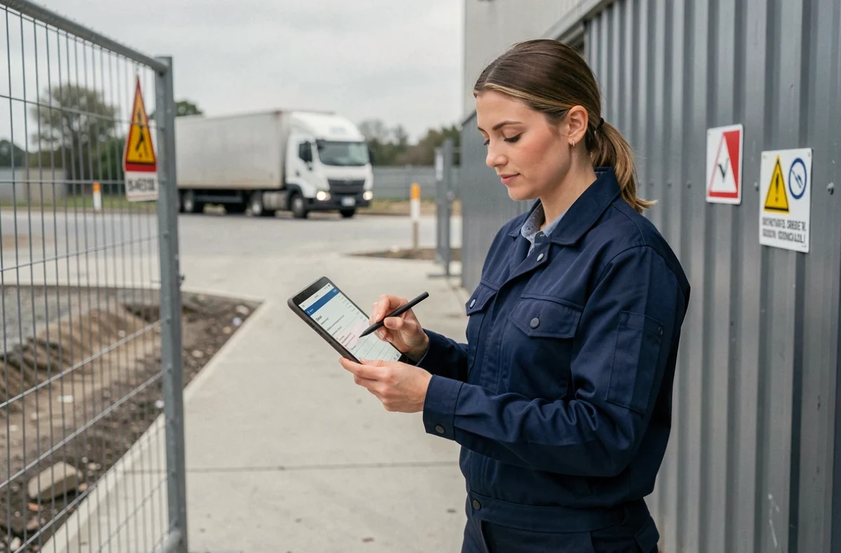 Intérimaire femme consultant un contrat numérique sur tablette à l'entrée d'un chantier