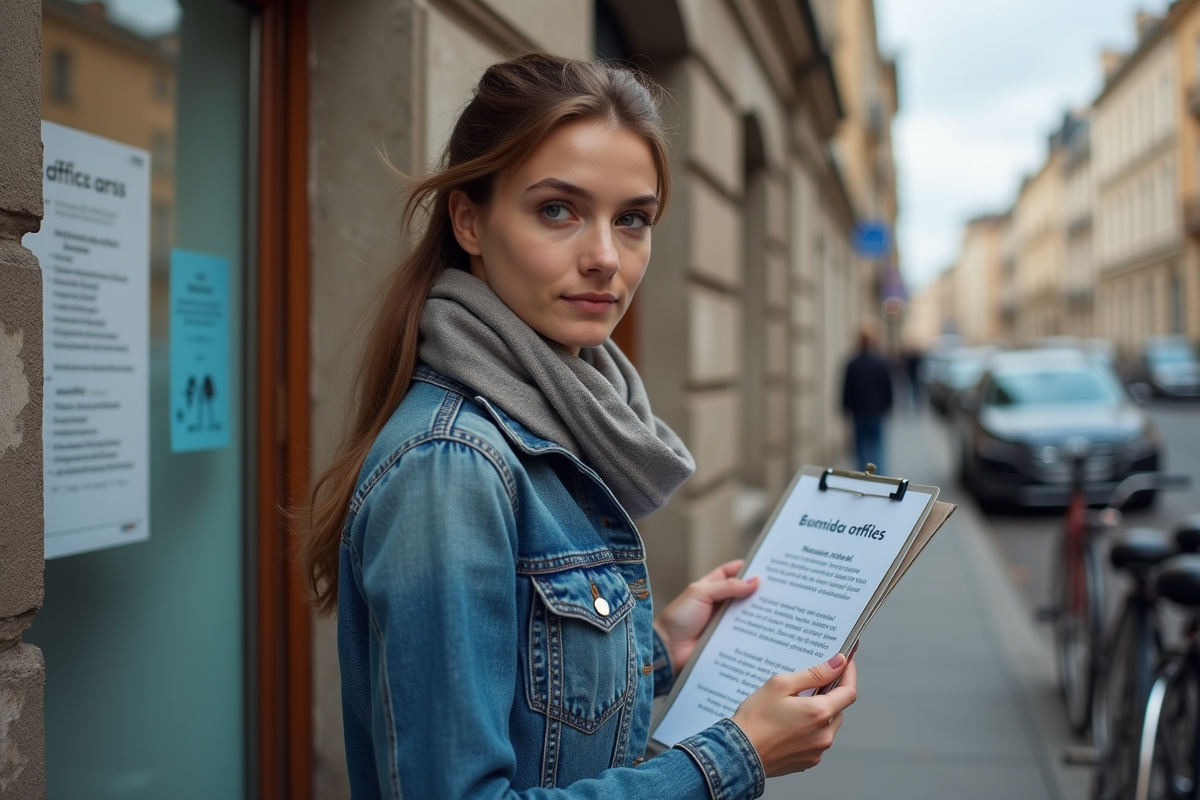 Jeune actrice devant panneau d offres d emploi theatre