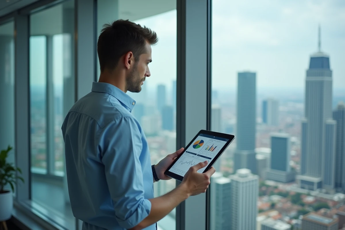 Jeune analyste avec tablette devant la ville en arrière-plan