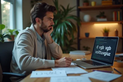 Jeune blogueur tech regardant ses notes sur un ordinateur