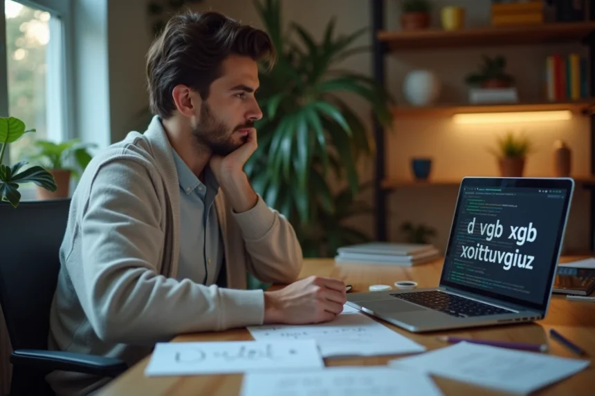 Jeune blogueur tech regardant ses notes sur un ordinateur