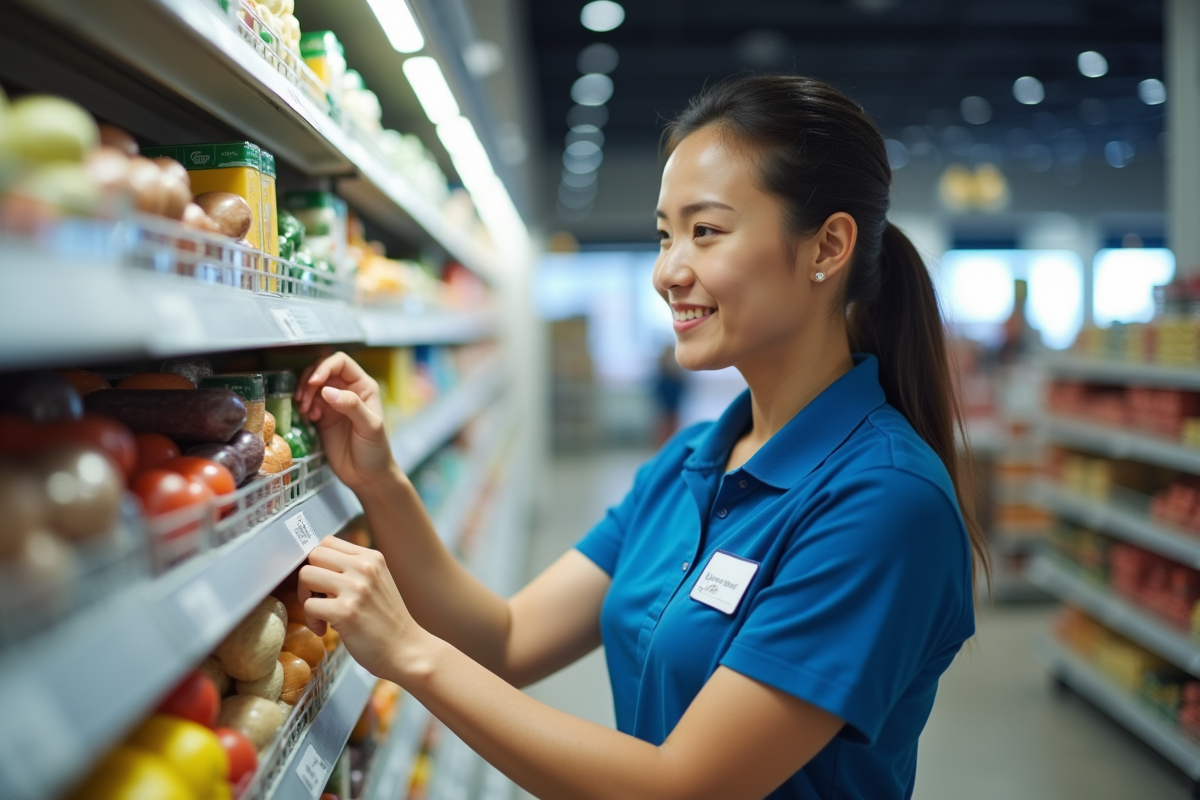 Jeune employée ajustant des produits sur une étagère