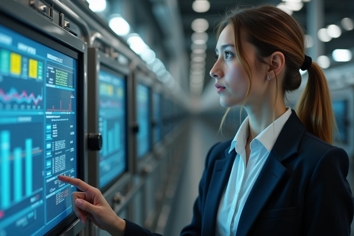 Jeune ingénieure en automatisation observant un panneau digital