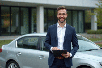 Jeune entrepreneur en costume près d'une voiture argentée