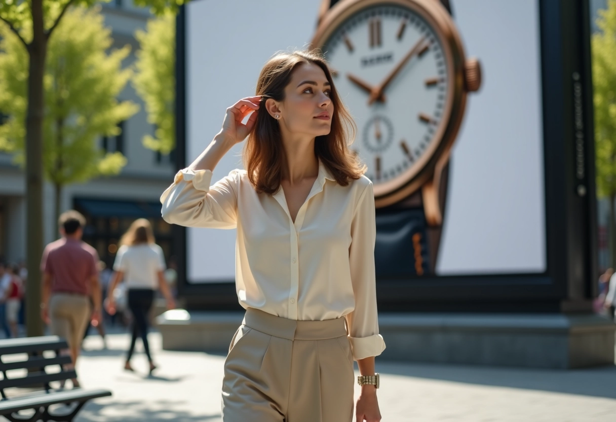 Jeune femme passant devant une affiche vintage en ville