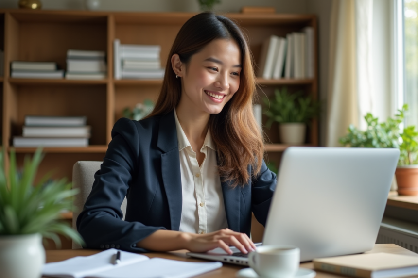 Jeune femme professionnelle travaillant à son bureau à domicile