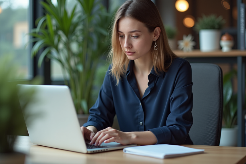 Jeune femme en bureau moderne concentrée sur son ordinateur