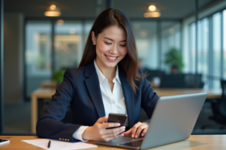 Jeune femme au bureau avec tablette et smartphone