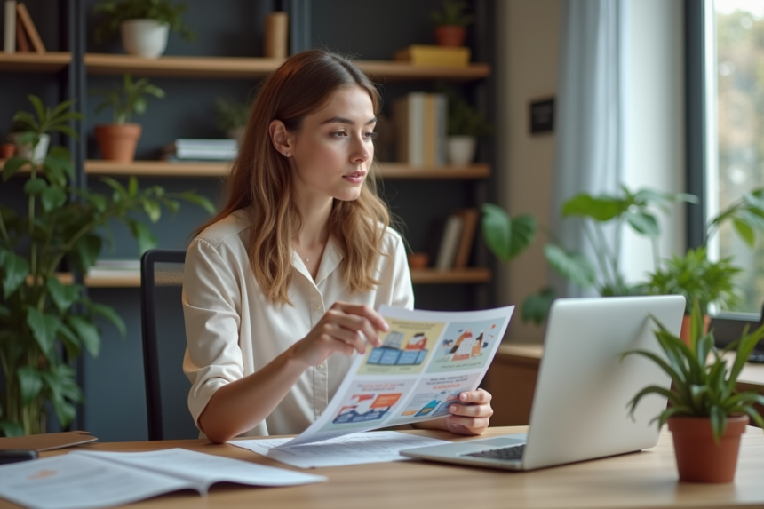 Jeune femme examine un flyer dans un bureau moderne
