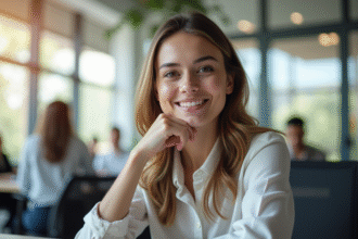 Femme professionnelle assise à son bureau lumineux