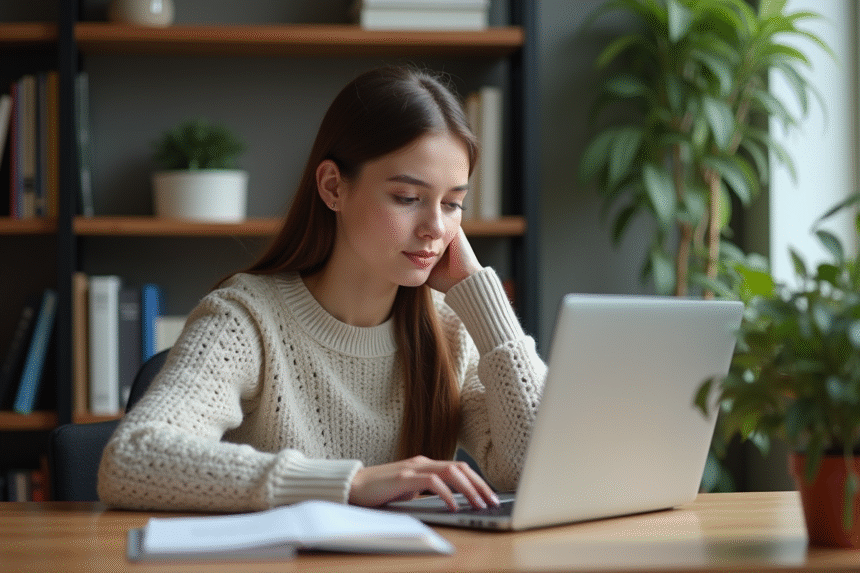 Jeune femme en pleine réflexion lors d'un test de carrière