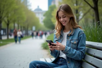 Jeune femme souriante utilisant son smartphone dans un parc urbain