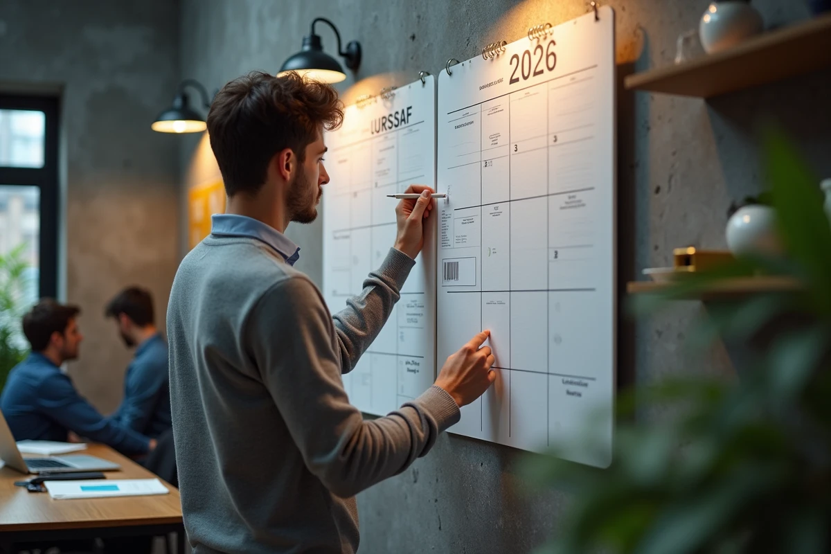 Jeune homme marquant des dates sur un calendrier URSSAF 2026