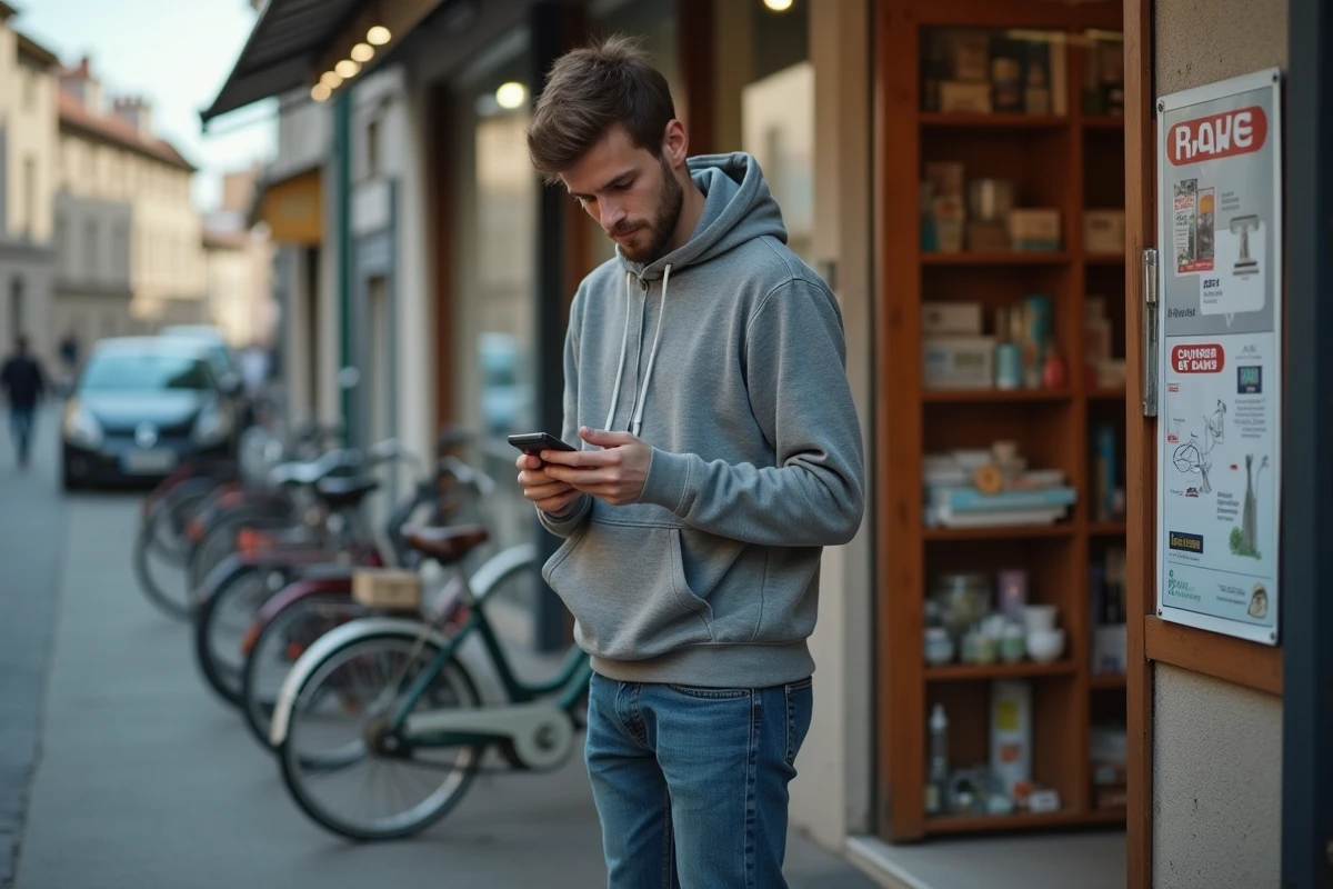 Jeune homme vérifiant un message sur son téléphone devant un magasin