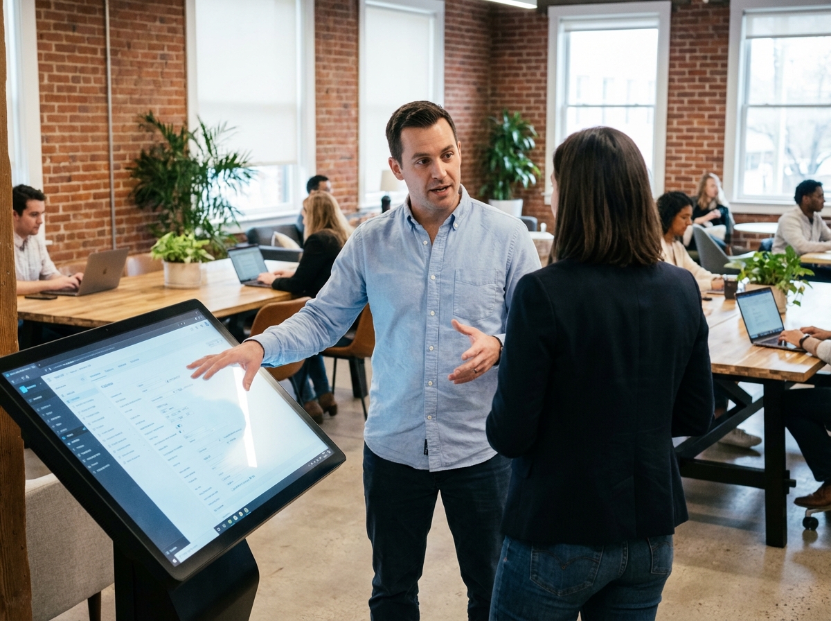 Jeune homme discutant avec écran tactile en coworking
