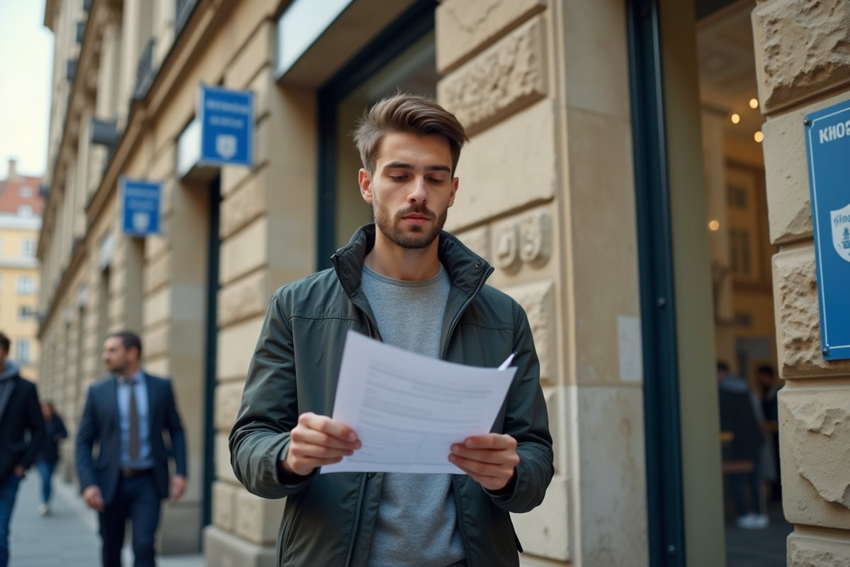 Jeune homme vérifiant un formulaire devant la mairie française