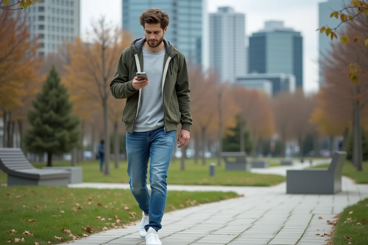 Jeune homme marchant dans un parc urbain avec smartphone