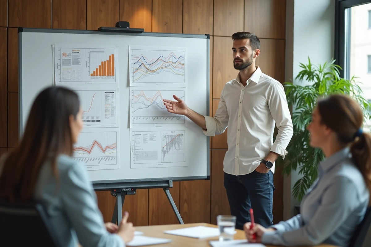 Jeune homme en présentation avec tableau blanc et graphiques