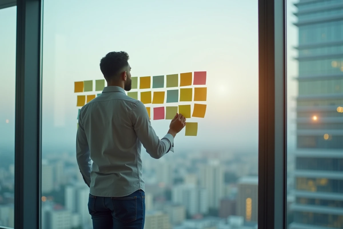 Jeune homme organisant des notes colorées dans un espace moderne