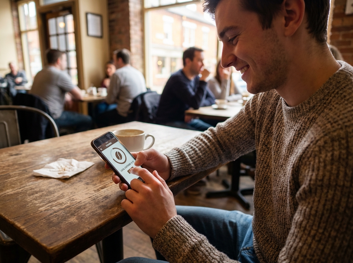 Jeune homme souriant utilisant une application de fidélité dans un café