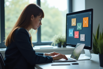 Jeune professionnel au bureau avec icônes email colorées