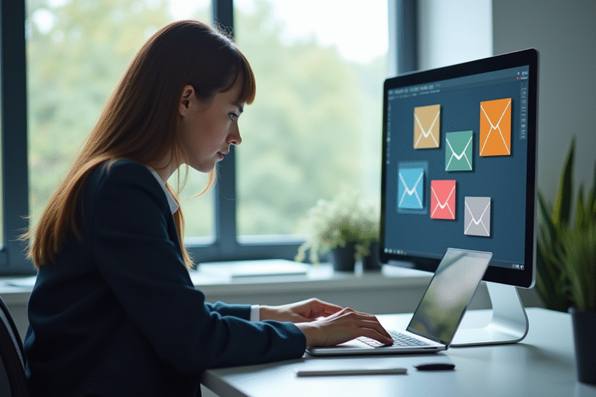 Jeune professionnel au bureau avec icônes email colorées