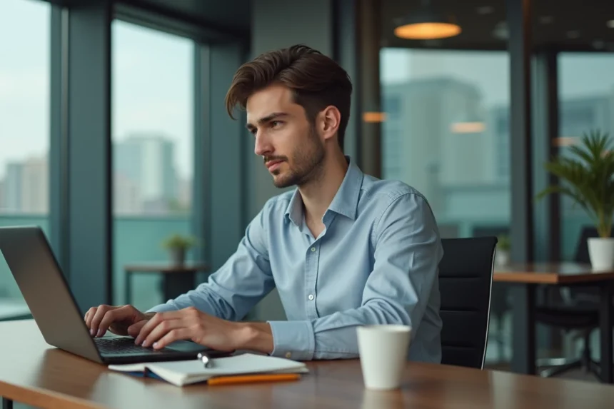Jeune homme professionnel travaillant sur son ordinateur dans un bureau moderne