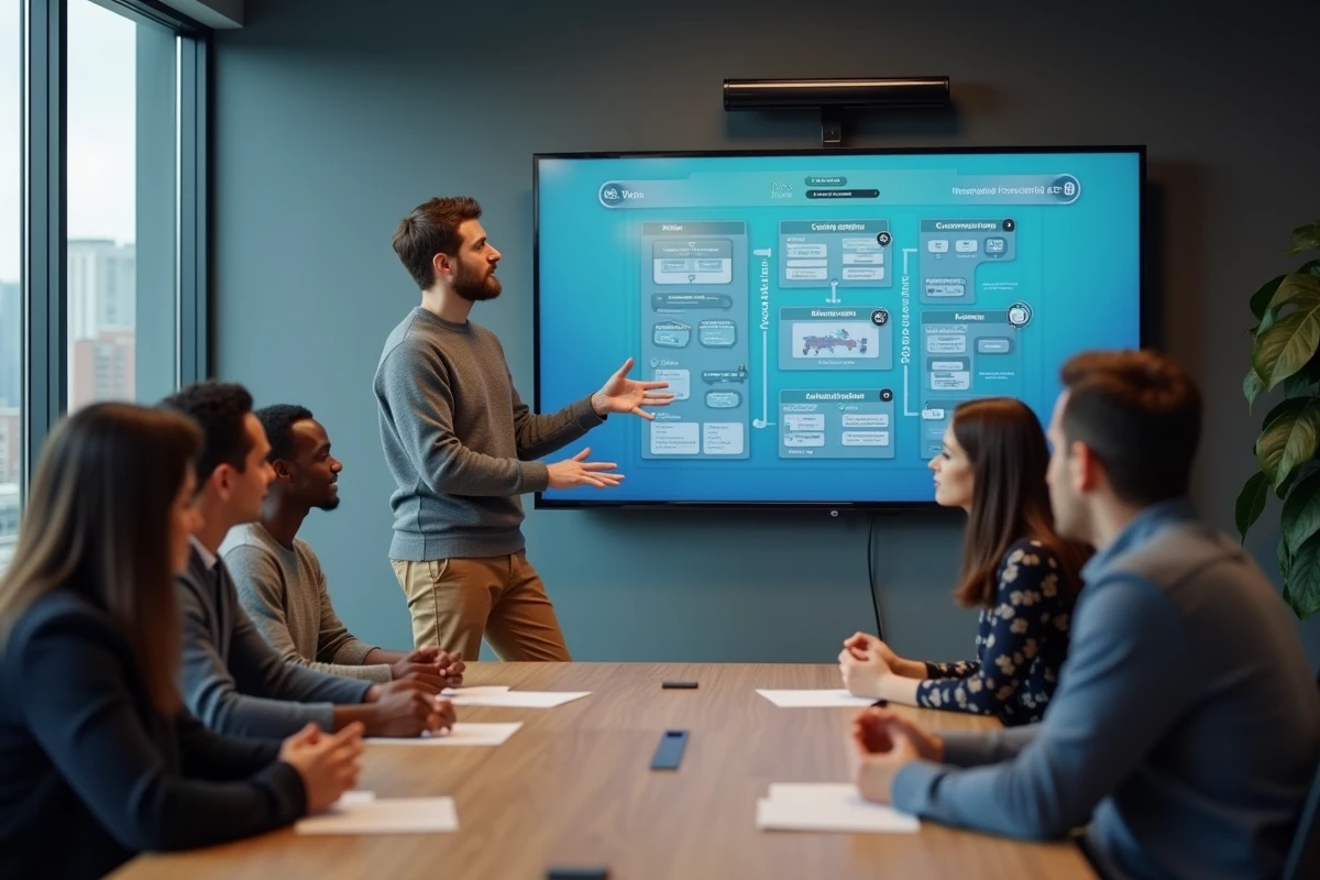 Jeune spécialiste IT expliquant automatisation à une équipe