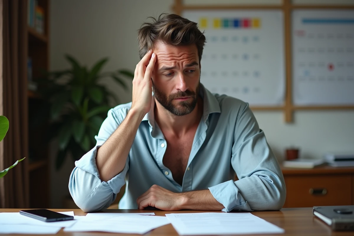 Homme stressé en tenue de nuit assis à son bureau à domicile entouré de papiers et d'un téléphone, évoquant la difficulté de justifier une absence au travail