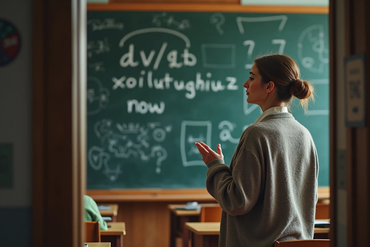 Linguiste devant un tableau avec symboles et phrase mystérieuse