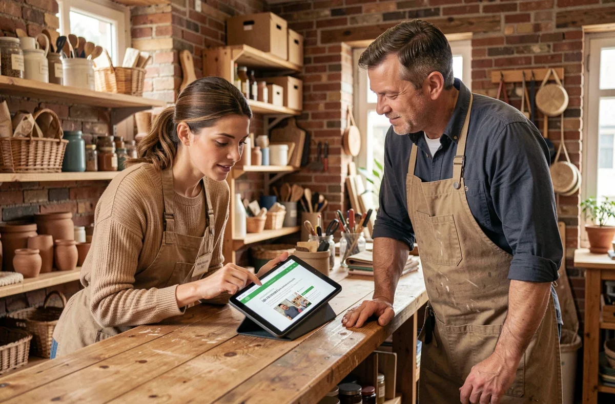 Consultante web montrant une maquette de site internet à un artisan lyonnais sur une tablette numérique
