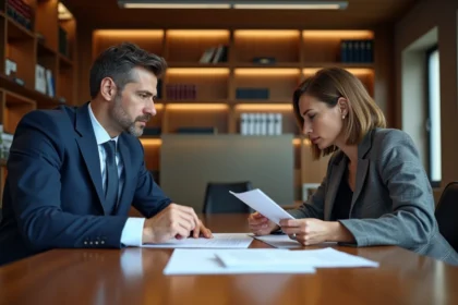 Un salarié en costume discute d'un litige sur une indemnité de CDD avec son avocate dans un bureau juridique professionnel