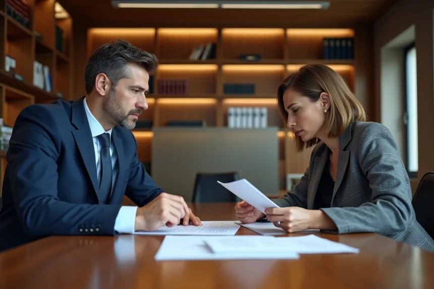 Un salarié en costume discute d'un litige sur une indemnité de CDD avec son avocate dans un bureau juridique professionnel