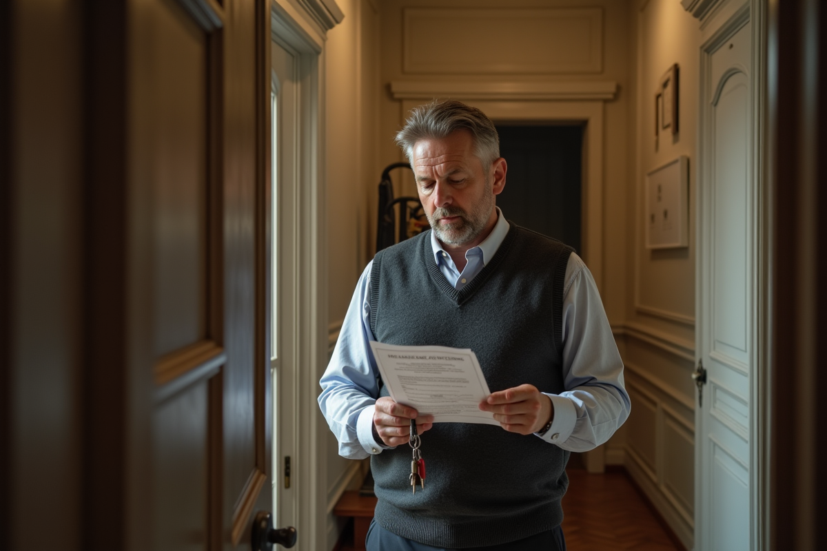 Propriétaire vérifiant un avis de fin de location dans un couloir parisien