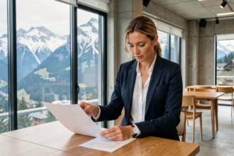 Femme d'affaires consultant un contrat de location de bureau dans un espace coworking moderne en Haute-Savoie avec vue sur les Alpes