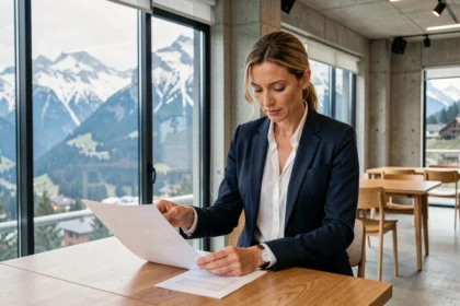 Femme d'affaires consultant un contrat de location de bureau dans un espace coworking moderne en Haute-Savoie avec vue sur les Alpes