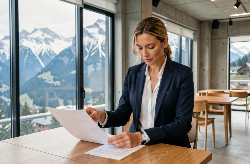 Femme d'affaires consultant un contrat de location de bureau dans un espace coworking moderne en Haute-Savoie avec vue sur les Alpes