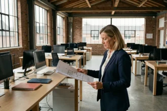 Bureau en open space dans un bâtiment industriel rénové à Lens, idéal pour une location de bureau moderne