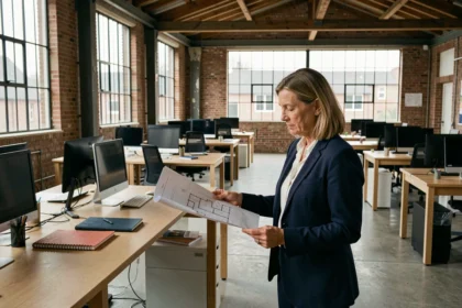 Bureau en open space dans un bâtiment industriel rénové à Lens, idéal pour une location de bureau moderne